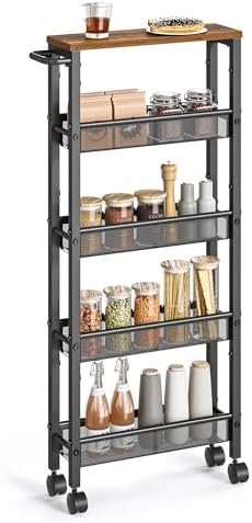 VASAGLE Slim Rolling Cart, 5-Tier Storage Cart, Narrow Cart with Handle, 5.1 Inches Deep, Metal Frame, for Kitchen, Dining Room, Living Room, Home Office, Rustic Brown and Black ULRC034B01 - Image 2