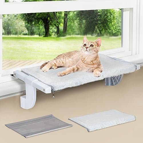 Zoratoo Window Sill Mount Cat Perch for Indoor Cats, One-Step Sliding Adjustment Cat Hammock Window Seat with Removable Two Fabrics Covers, No Suction Cups Cat Beds for Windowsill & Bedside (L) - Image 2