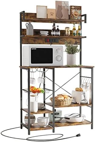 Wodeer Kitchen Baker's Rack with Power Outlet, Microwave Oven Stand, Storage Shelf with Wire Basket & Wine Glass Holder, 8-Tier Utility Coffee Bar Station for Spice Rack Organizer,Rustic Brown - Image 2