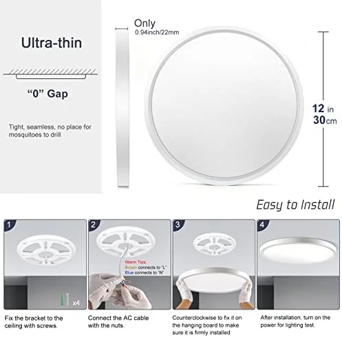 12 Inch LED Flush Mount Ceiling Light Fixture, 5000K Daylight White, 3200LM, 24W, Flat Modern Round Lighting Fixture, 240W Equivalent White Ceiling Lamp for Kitchens, Stairwells, Bedrooms.etc. - Image 6