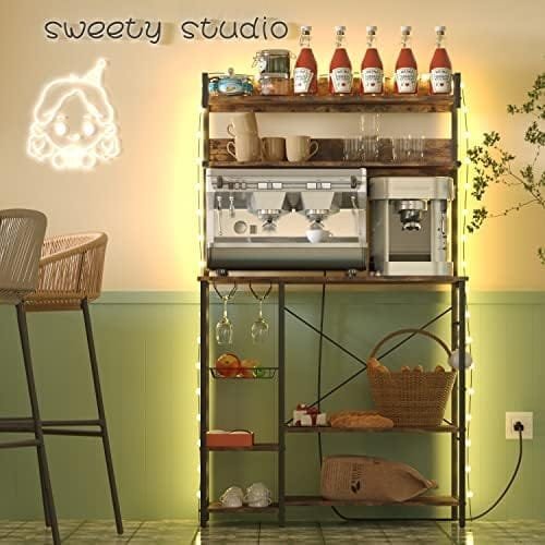 Wodeer Kitchen Baker's Rack with Power Outlet, Microwave Oven Stand, Storage Shelf with Wire Basket & Wine Glass Holder, 8-Tier Utility Coffee Bar Station for Spice Rack Organizer,Rustic Brown - Image 6