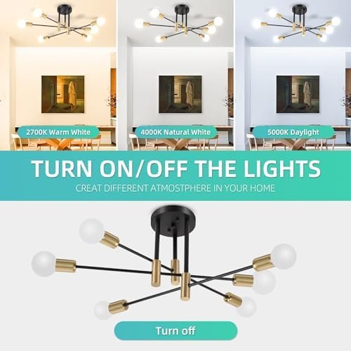 Sputnik Chandelier Modern Ceiling Light Fixture with 6 Lights Black Gold Mid Century Mount Ceiling Lights Fixture for Bedroom, Dining Room, Living Room, Kitchen, E26 Base, Bulbs Not Included - Image 5