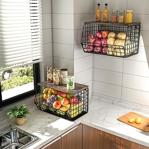 LUUDTAI Hanging Fruit Basket, Stackable Wall Mounted Fruit Baskets, Hanging Wire Basket with Wood Lid, Potato and Onion Storage Bin, Stackable Kitchen Wire Baskets for Fruit Veggies Produce Snack - Image 7