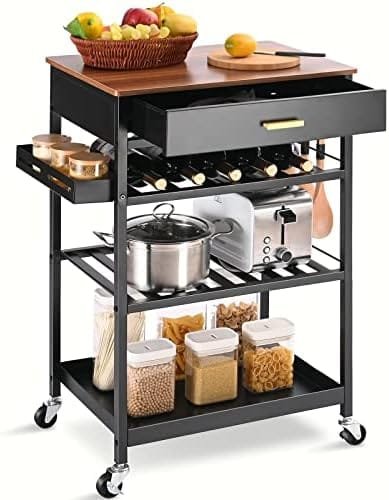 TOOLF Kitchen Island Cart with Drawer, Rolling Kitchen Service Cart with Wooden Tabletop, 3-Tier Storage Cart on Wheels, Storage Trolley Cart with Hooks for Kitchen, Dining Room - Image 2