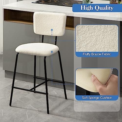 Bar Stools Set of 4 Counter Height Bar Stools : Upholstered Boucle Fabric Bar Stool for Kitchen Bistro Pub Armless Modern Bar Chair with Metal Base for Dining Room Kitchen Island - Image 3