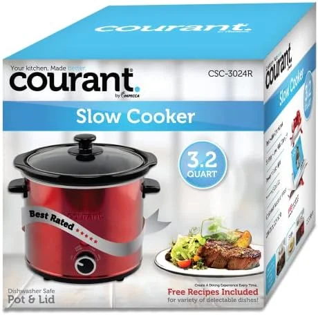 Courant Slow Cooker 3.2 Quart Crock Dishwasher Safe Stainproof Pot and Glass Lid, Round Manual Slow Cooker, Red Stainless Steel - Image 6