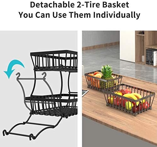 Apsan 2 Tier Countertop Fruit Basket Bowl for Kitchen,Bread Vegetable Fruit Basket Bowl Stand Detachable Metal Rectangular Wire Basket, Black Medium - Image 6