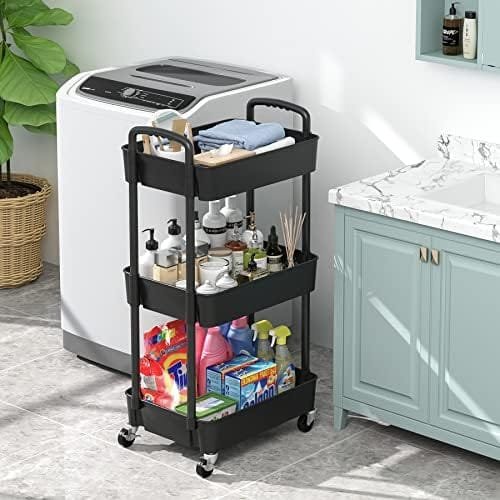 Sywhitta 3-Tier Plastic Rolling Utility Cart with Handle, Multi-Functional Storage Trolley for Office, Living Room, Kitchen, Movable Storage Organizer with Wheels, Black - Image 6