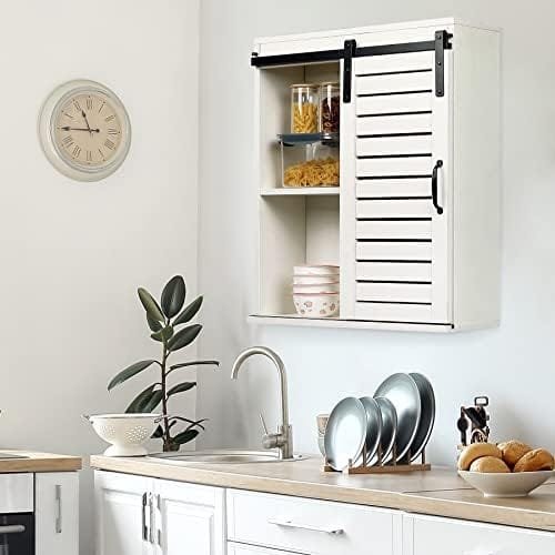 RUSTOWN Wood Farmhouse Bathroom Cabinet Wall Mounted, 3-Tier Rustic Wall Storage Cabinet with Shutter Sliding Door, Medicine Cabinet with Adjustable Shelf, Wall Cabinet for Living Room (Vintage White) - Image 8