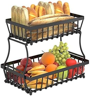 Apsan 2 Tier Countertop Fruit Basket Bowl for Kitchen,Bread Vegetable Fruit Basket Bowl Stand Detachable Metal Rectangular Wire Basket, Black Medium - Image 2