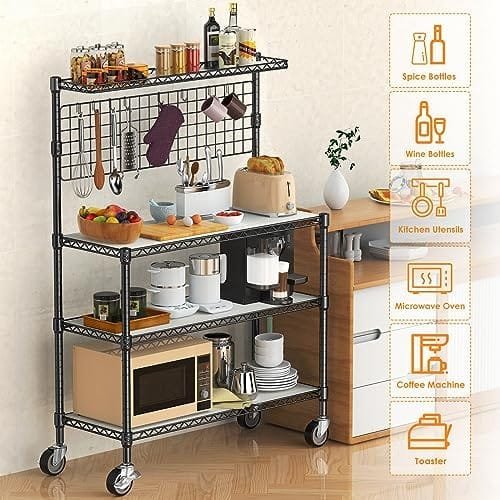 Leteuke Kitchen Bakers Rack, NSF Certified 4-Tier Microwave Stand with Wheels 20 S-Hooks, Adjustable Heavy Duty Storage Rack Commercial Grade Metal Utility Storage Shelf 42× 18× 63 Inches, Black - Image 8