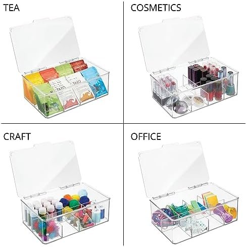 mDesign Plastic Tea Bag Divided Storage Organizer Container Box with Hinge Lid for Kitchen Cabinet, Countertop, Pantry, Hold Coffee Pods, Seasoning Packets, Condiments, 8 Sections, Clear - Image 8