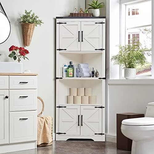 JXQTLINGMU Farmhouse Corner Cabinet, Tall Corner Bathroom Storage Cabinet with Barn Door Design & Adjustable Shelves, for Laundry Room, Living Room, Kitchen,(White) - Image 4