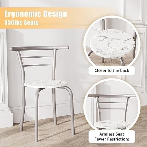 JUMMICO 3-Piece Wooden Round Table & Chair Set, Space Saving Kitchen Breakfast Nook Wood Grain Tabletop with Metal Frame and Built-in Wine Rack for Kitchen, Dining Room (White/Silver) - Image 6