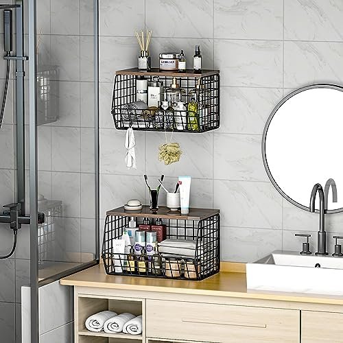 LUUDTAI Hanging Fruit Basket, Stackable Wall Mounted Fruit Baskets, Hanging Wire Basket with Wood Lid, Potato and Onion Storage Bin, Stackable Kitchen Wire Baskets for Fruit Veggies Produce Snack - Image 8