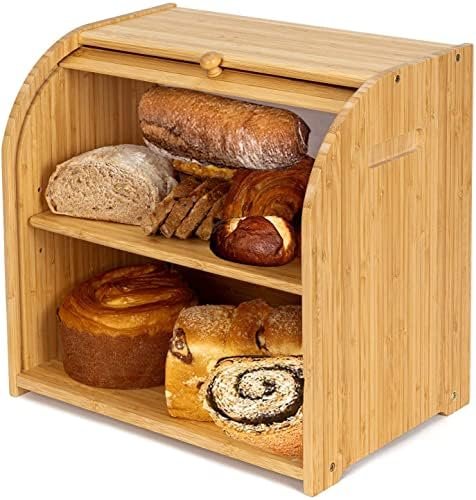 Purbambo Bamboo Bread Box for Kitchen Countertop, Double Layer Roll-top Bread Storage Boxes Food Keeper With Adjustable Middle Shelf - Image 2