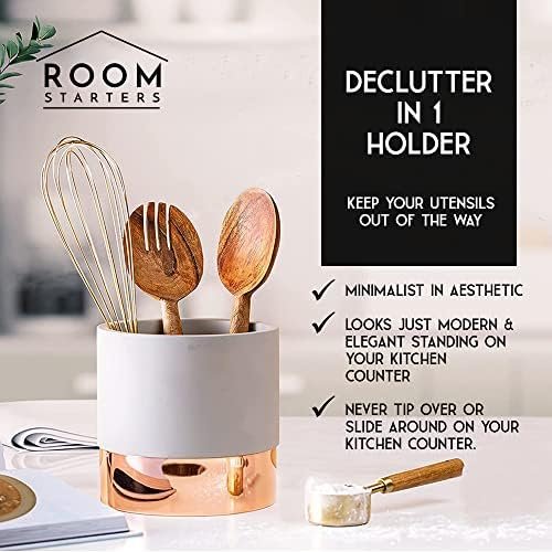Room Starters Kitchen Utensil Holder for Countertop | Rustic Concrete/Steel Large Utensil Holder for Kitchen Counter | Organizer Caddy Crock (Copper) - Image 7