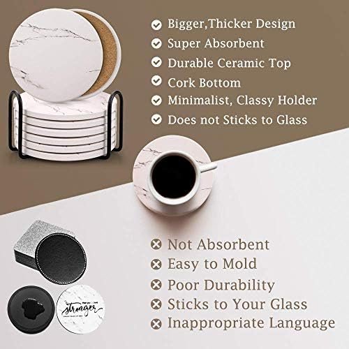 Coasters for Drinks, Absorbent Ceramic Stone Coasters Set with Metal Holder Stand, Cork Base, Marble Surface Pattern, Cups Place Mats for Home Decor, Set of 6 - White - Image 5