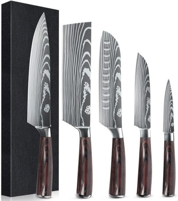 KEPEAK Kitchen Knife Set 5 piece, Chef Knife Santoku Cleaver Paring Knives High Carbon Steel, Pakkawood Handle for Vegetable Meat Fruit - Image 2