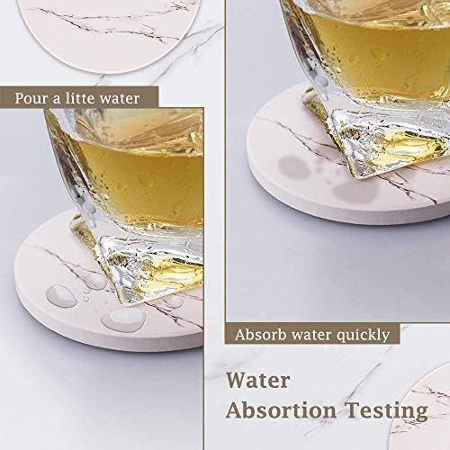 Coasters for Drinks, Absorbent Ceramic Stone Coasters Set with Metal Holder Stand, Cork Base, Marble Surface Pattern, Cups Place Mats for Home Decor, Set of 6 - White - Image 3