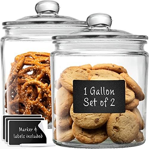 Set of 2 Glass Cookie Jars + Labels & Marker - 1 Gallon Canister Sets for Kitchen Counter with Airtight Lids, Sugar Packet Holders Food Storage Containers with Lids Airtight for Pantry, Flour, Sugar, - Image 2