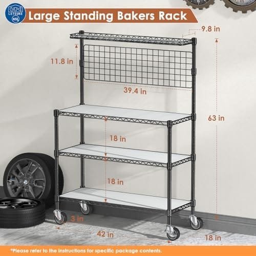 Leteuke Kitchen Bakers Rack, NSF Certified 4-Tier Microwave Stand with Wheels 20 S-Hooks, Adjustable Heavy Duty Storage Rack Commercial Grade Metal Utility Storage Shelf 42× 18× 63 Inches, Black - Image 10