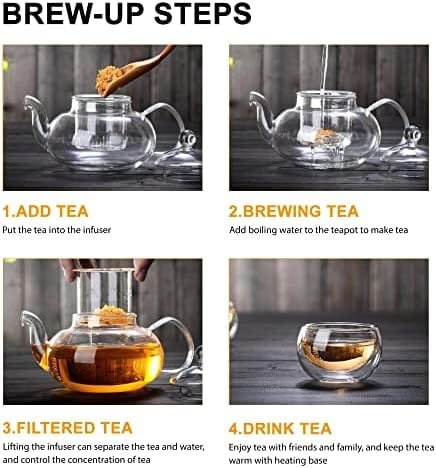 Glass Teapot Set, 27OZ/800ML Stovetop Safe Glass Tea Kettle with 6 Small Double Wall Tea Cups & Loose Tea Infuser & Tea Warmer, Microwave & Dishwasher Safe Tea Maker, Blooming Tea Gift Set For Women - Image 7