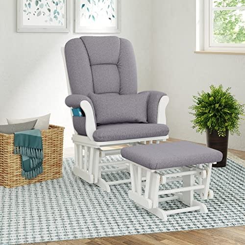 STORKCRAFT Tuscany Custom Glider and Ottoman with Free Lumbar Pillow, White/Slate Gray Swirl - Image 4