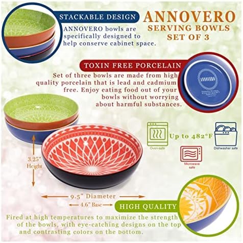 Annovero Serving Bowls, Set of 3 Large Porcelain Dishes for Entertaining, Big Bowl for Eating, for Soup, Salad, Pasta, Parties, Fruit, Chips, 9.5 Inch Diameter, 72 Fluid Ounce Capacity - Image 9