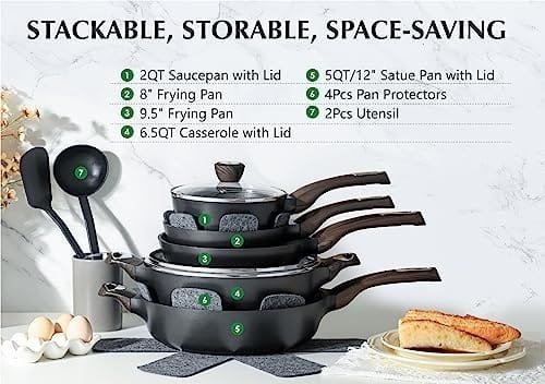 SENSARTE Pots and Pans Set Nonstick, 14 Pcs Induction Kitchen Cookware Sets, Non-toxic Non Stick Cooking Set with Frying Pans Set & Saucepan, PFOA PFOS APEO Free - Image 4