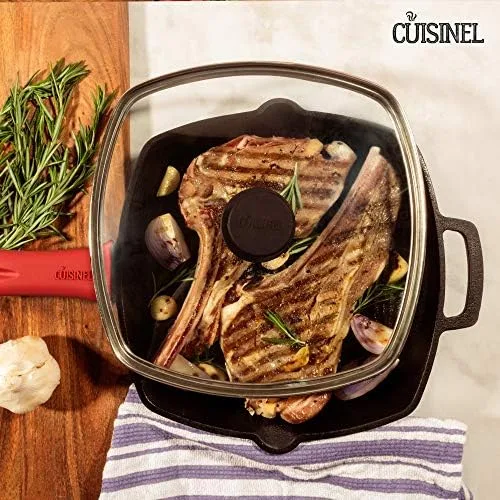 Cuisinel Cast Iron Square Grill Pan + Glass Lid - 10.5" Pre-Seasoned Ridged Skillet + Handle Cover + Pan Scraper - Grill, Stovetop, Fire Safe - Indoor and Outdoor Use - for Grilling, Frying, Sauteing - Image 5