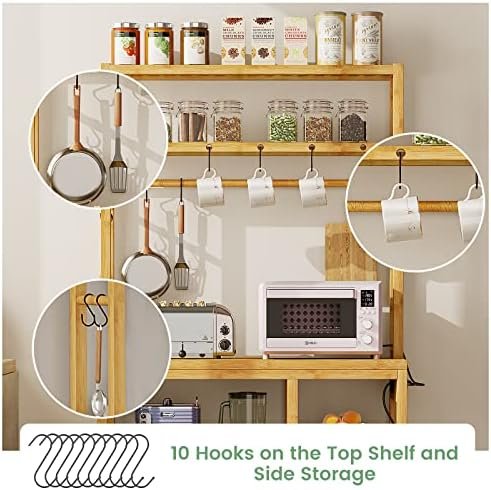 FORABAMB Bakers Rack with Power Outlets, 6-Tier Microwave Stand, Kitchen Utility Storage Shelf 10 S-Shaped Hooks, Coffee Bar Table Station, Standing Rack, 31.5 x 15.7 65 Inches, Bamboo - Image 5