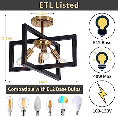 Minyuco Semi-Flush Mount Ceiling Light - Modern Industrial Light Fixture Black and Gold,4-Light Candelabra Lighting Ceiling Lamp for Kitchen Foyer Entryway Hallway Bedroom Closet - Image 5