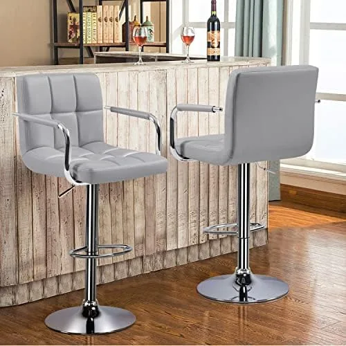 Yaheetech Modern Bar Stools Set of 2 Swivel Kitchen Stool Height Adjustable Square Counter Stool with Back&Armrest PU Leather Stool, Light Grey - Image 3