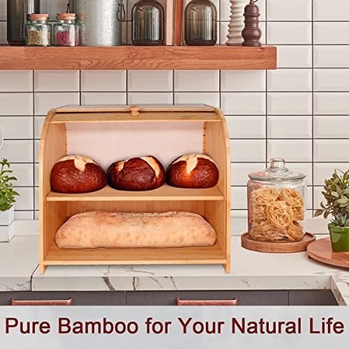 Purbambo Bamboo Bread Box for Kitchen Countertop, Double Layer Roll-top Bread Storage Boxes Food Keeper With Adjustable Middle Shelf - Image 7