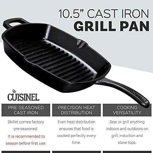 Cuisinel Cast Iron Square Grill Pan + Glass Lid - 10.5" Pre-Seasoned Ridged Skillet + Handle Cover + Pan Scraper - Grill, Stovetop, Fire Safe - Indoor and Outdoor Use - for Grilling, Frying, Sauteing - Image 3