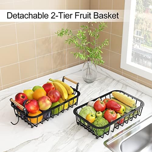 Alebew 2 Tier Fruit Basket Bowl with 2 Banana Hangers for Kitchen Counter, Countertop Fruits Produce Storage Basket Metal Vegetable Holder Stand Organizer for Bread Snack Veggies Potato, Black - Image 9