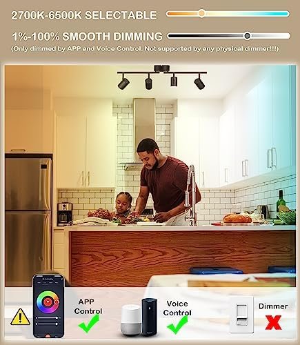 CLOUDY BAY 4-Light Smart WiFi LED Track Lighting Kit,Track Light Heads Compatible with Alexa Google Home,RGBCW Color Changing,No Hub Required, 30W 2700K-5000K, CRI 90+, 2400LM, Black - Image 3