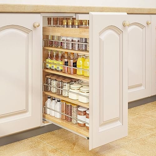 DINDON Pull Out Spice Rack Organizer for Cabinet, (5"W x 21.9"D x 25.2"H) Multi-Use Soild Wood Pull Out Cabinet Organizer Slide Out Shelf Sliding Base Cabinet Storage for Kitchen, Pantry Organization - Image 3