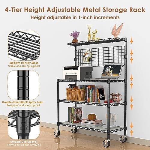 Leteuke Kitchen Bakers Rack, NSF Certified 4-Tier Microwave Stand with Wheels 20 S-Hooks, Adjustable Heavy Duty Storage Rack Commercial Grade Metal Utility Storage Shelf 42× 18× 63 Inches, Black - Image 5
