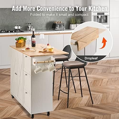 VEVOR Kitchen Island Cart with Solid Wood Top, 45.3" Width Mobile Carts with Storage Cabinet, Rolling Kitchen Table with Spice Rack, Towel Rack, Drop Leaf and Drawer, Portable Islands on Wheels, White - Image 8