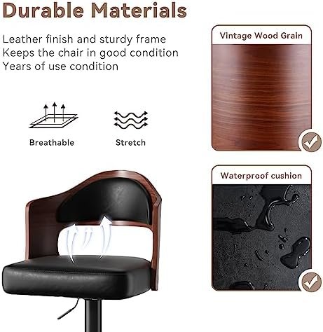 Nalupatio Swivel Bar Stools Set of 2 Seat Adjustable Height 24.5-33.5IN, Wooden Barstools PU Leather Upholstered Bar Chairs with Back & Footrest for Bar Kitchen Dining Room Black - Image 6