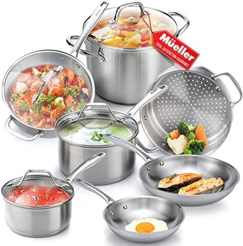 Mueller Pots and Pans Set 11-Piece, Ultra-Clad Pro Stainless Steel Cookware Set, Ergonomic and EverCool Stainless Steel Handle, Includes Saucepans, Skillets, Stockpot, Saute Pan, Steamer - Image 2