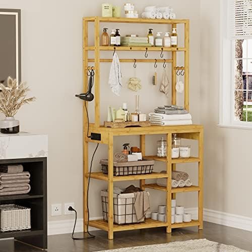 FORABAMB Bakers Rack with Power Outlets, 6-Tier Microwave Stand, Kitchen Utility Storage Shelf 10 S-Shaped Hooks, Coffee Bar Table Station, Standing Rack, 31.5 x 15.7 65 Inches, Bamboo - Image 7
