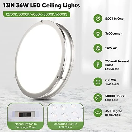 36W LED Ceiling Lights for Bedroom Kitchen, 3600lm Super Bright, Dimmable Flush Mount Light Fixtures 6500K/5000K/4000K/3000K/2700K Adjusted Modern Lamps 2PACK, 13 Inch, Nickle - Image 6