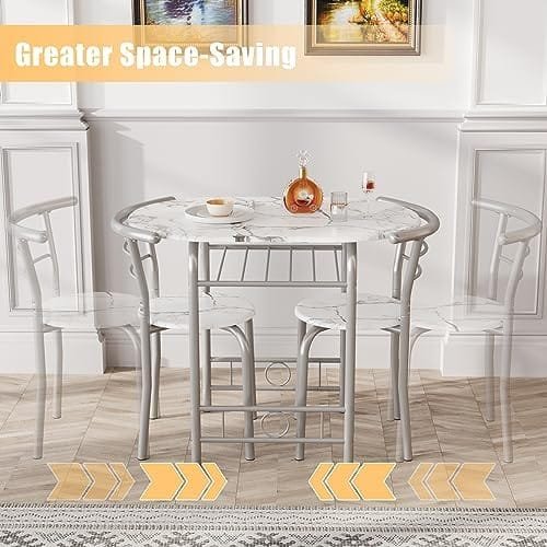 JUMMICO 3-Piece Wooden Round Table & Chair Set, Space Saving Kitchen Breakfast Nook Wood Grain Tabletop with Metal Frame and Built-in Wine Rack for Kitchen, Dining Room (White/Silver) - Image 5