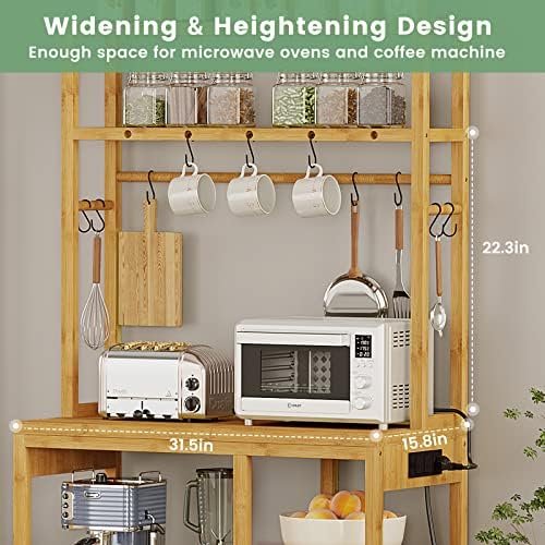 FORABAMB Bakers Rack with Power Outlets, 6-Tier Microwave Stand, Kitchen Utility Storage Shelf 10 S-Shaped Hooks, Coffee Bar Table Station, Standing Rack, 31.5 x 15.7 65 Inches, Bamboo - Image 10