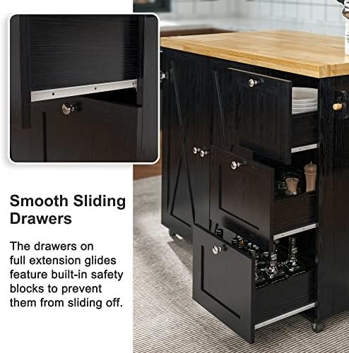 IRONCK Rolling Kitchen Island Cart with Drop-Leaf Countertop, Barn 3Drawers, Barn Door Style Cabine,Thicker Rubberwood Top, Spice Rack, on Wheels, for Kitchen and Dining Room, Black - Image 6