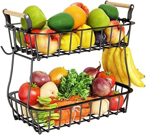 Alebew 2 Tier Fruit Basket Bowl with 2 Banana Hangers for Kitchen Counter, Countertop Fruits Produce Storage Basket Metal Vegetable Holder Stand Organizer for Bread Snack Veggies Potato, Black - Image 2