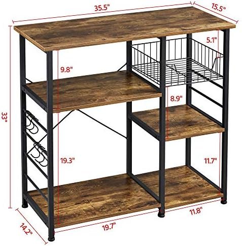 Yaheetech 4-Tier Kitchen Baker's Rack, Coffee Bar Microwave Stand Cart with Wire Basket & 6 Side Hooks, Kitchen Organizer Shelf for Spices/Utensils Foods, Rustic Brown - Image 5